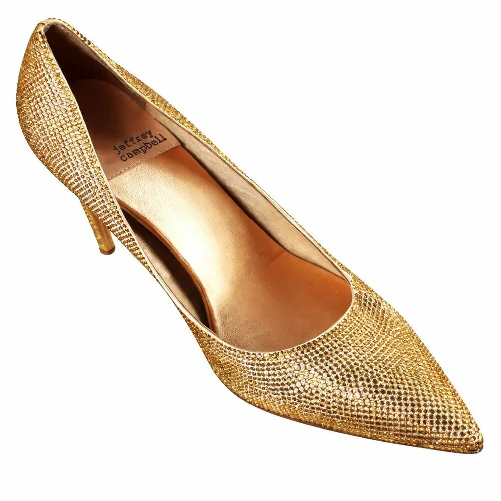 Jeffrey Campbell Nikia Gold Rhinestone Crystal Pointed Toe Stiletto Heels Size 7